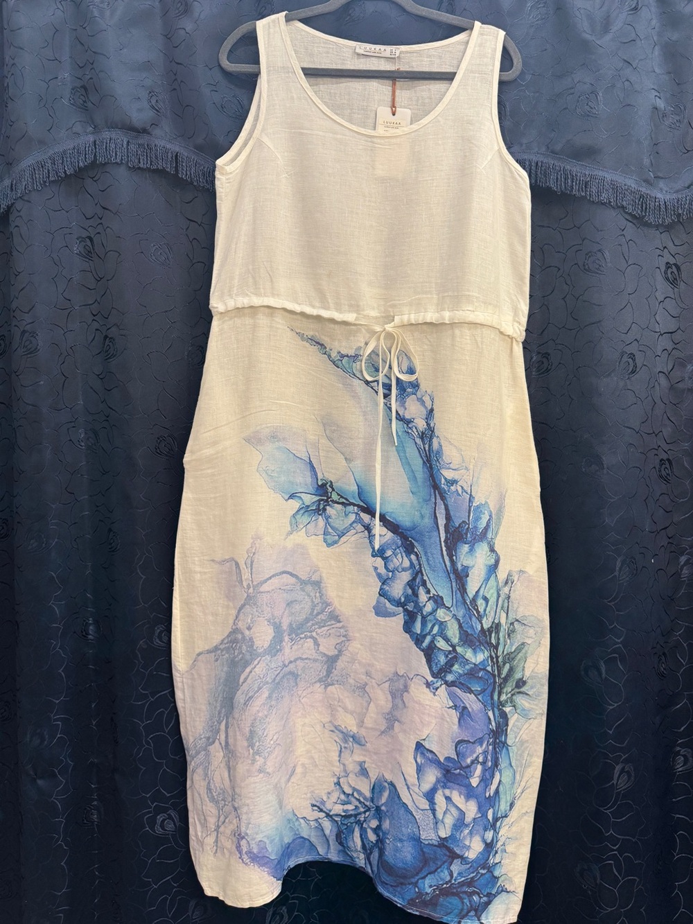 Luukaa 100% Linen Abstract Blue & White Floral Sleeveless Maxi Dress US 8 - Picture 3 of 12